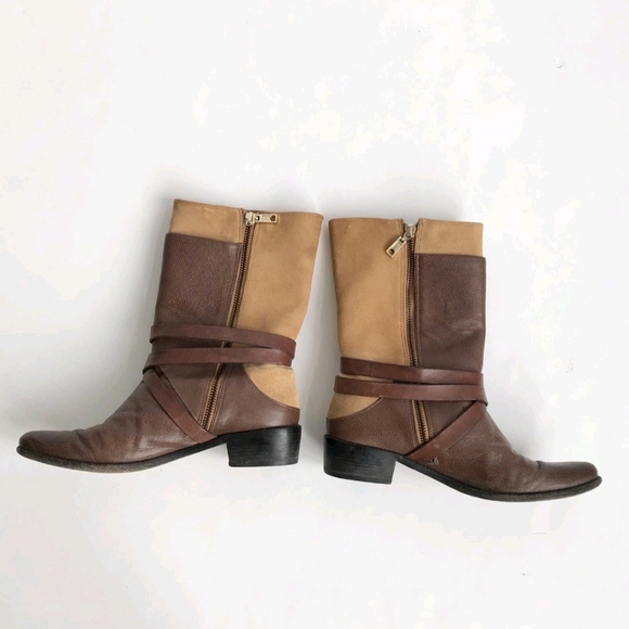 REBECCA MINKOFF BOOTS - Ankle Womens Tan/Brown Leather/Suede Mix Boots 8M - Picture 2 of 9
